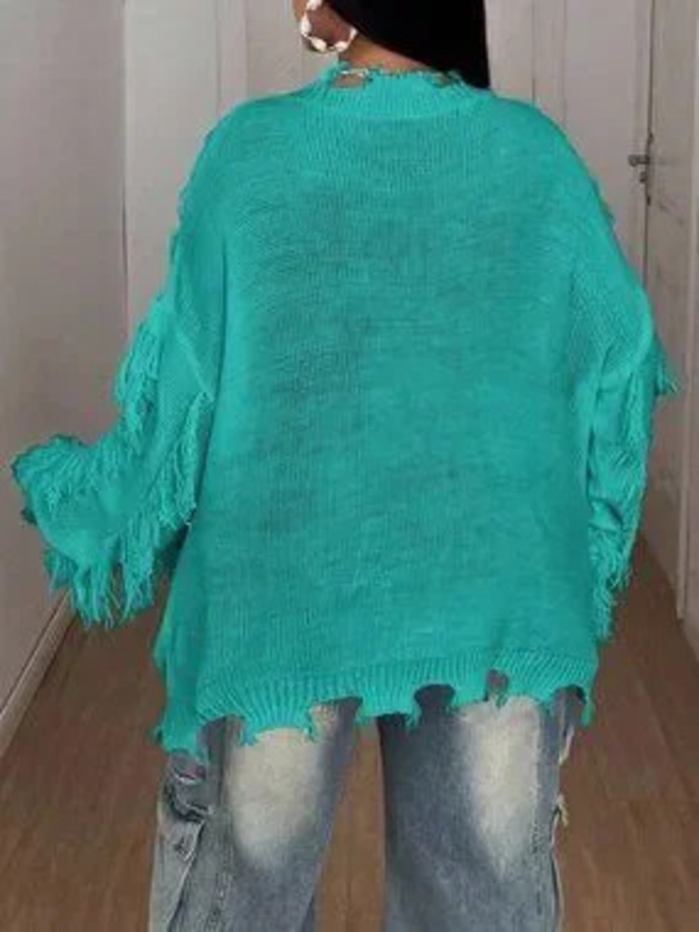 ZARA Mint Blue Casual Women's Plus Size V Neck Loose Drop Sleeve Pullover